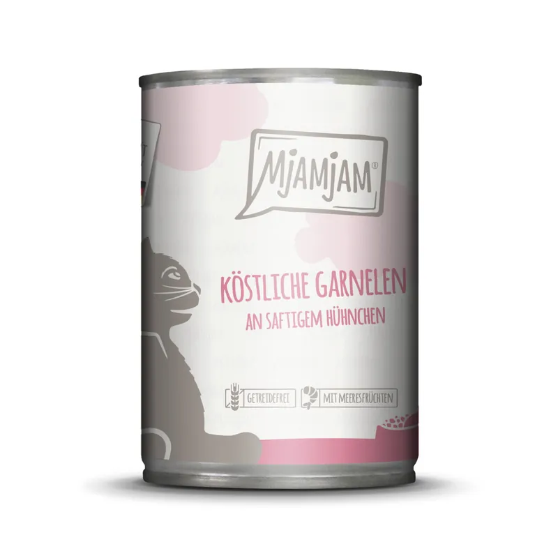 Knallerangebot MJAMJAM Leckere Mahlzeit köstliche Garnelen an saftigem Hühnchen 400g Dose Katzennassfutter